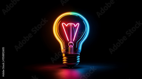 Vibrant neon light bulb glowing in dark.