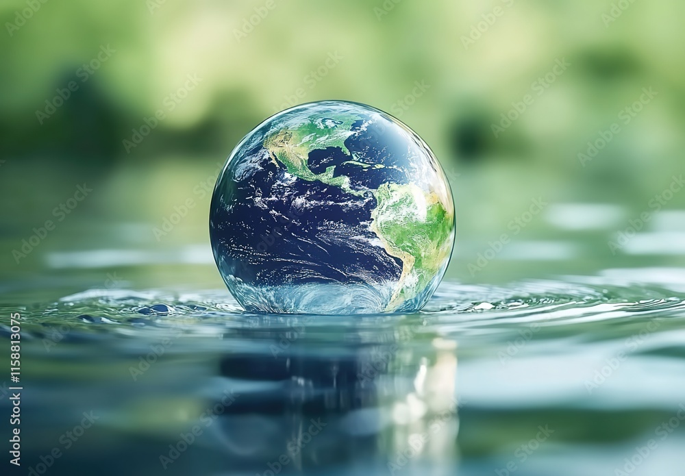 A glass sphere with the Earth inside, floating on water, green background A glass sphere with the Earth inside, floating on water, green background