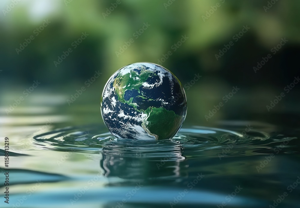 A glass sphere with the Earth inside, floating on water, green background A glass sphere with the Earth inside, floating on water, green background
