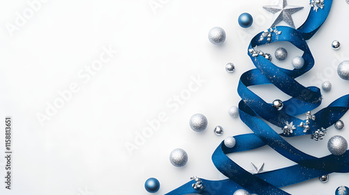 
top view a blue ribbon in the form of a christmas tree with silver small balls and a silver star at the top is located on a white background top view