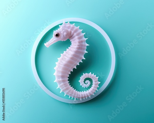 A pink seahorse design is centered within a circular outline against a turquoise background, showcasing its intricate features and elegance. photo