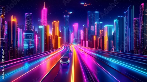 Futuristic cityscape with neon lights, flying cars, towering skyscrapers, glowing streets, abstract shapes, sleek architecture, dynamic lighting, and sci-fi elements in a high-tech urban environment.
