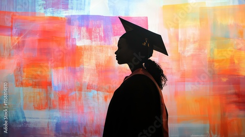 Silhouette of a female graduate in cap and gown against a colorful abstract background.