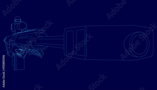 Blue background with a image of a rifle. The rifle is surrounded by a lot of dots, giving it a futuristic look