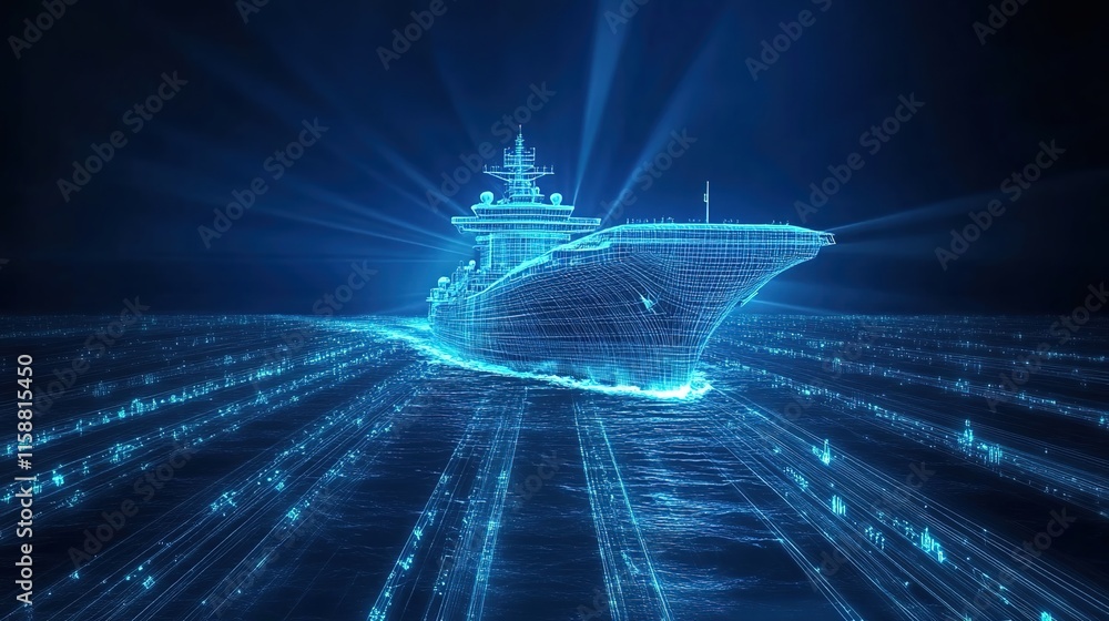 A digital ship sailing on the sea of data, with glowing lines and blue tones. A digital ship sailing on the sea of data, with glowing lines and blue tones.