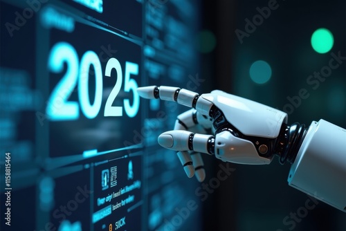 Robot Fingers Touching Digital Screen with 2025 Loading Bar. Generative AI