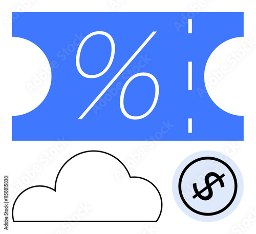 Blue coupon displaying a large percentage symbol and dotted line, with a cloud figure and dollar sign inside a circle. Ideal for promotions, discounts, sales, marketing, advertisements, savings