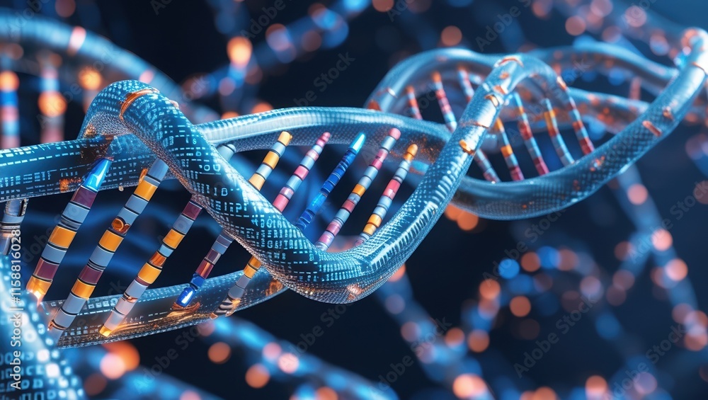 3D DNA Helix with Binary Code and Glowing Elements 3D DNA Helix with Binary Code and Glowing Elements