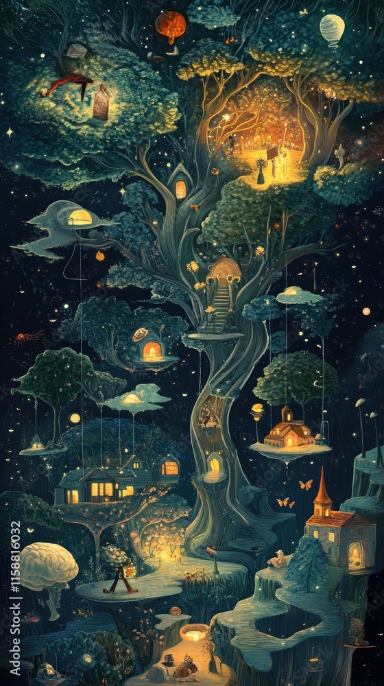 Obraz premium Illuminated whimsical tree houses, floating homes, night sky.
