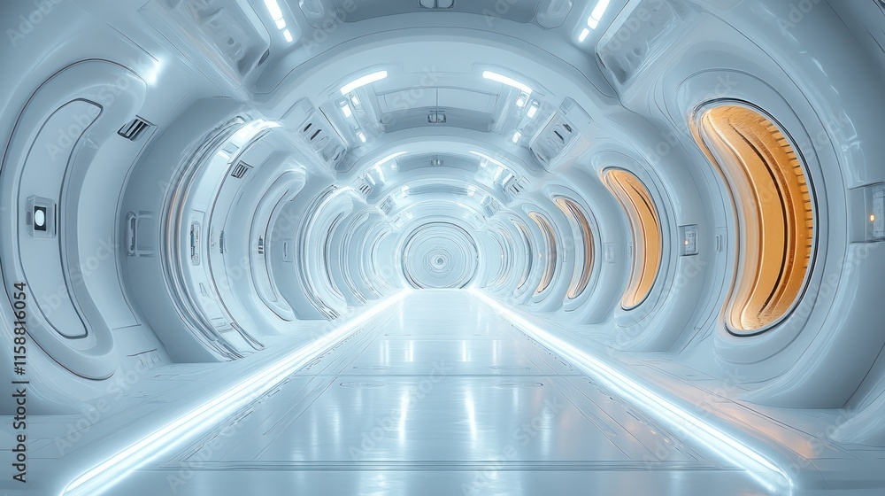 Fototapeta premium Futuristic white spaceship corridor with glowing lights.