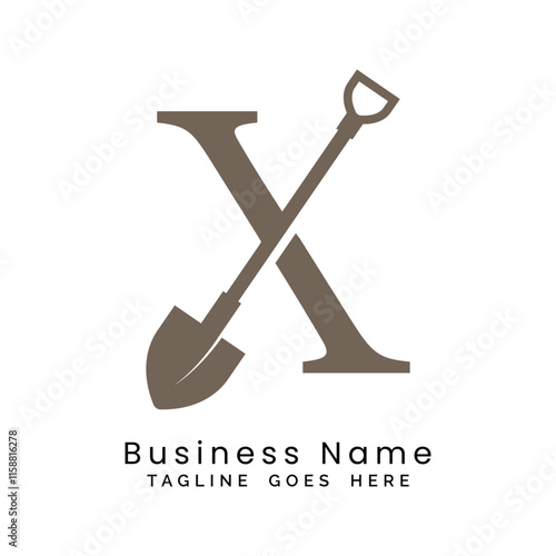 Letter X shovel logo design. Alphabet X construction icon