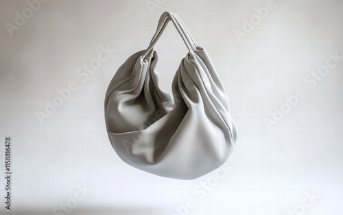 Light gray hobo bag with soft textures levitating mid-air on a seamless white backdrop photo