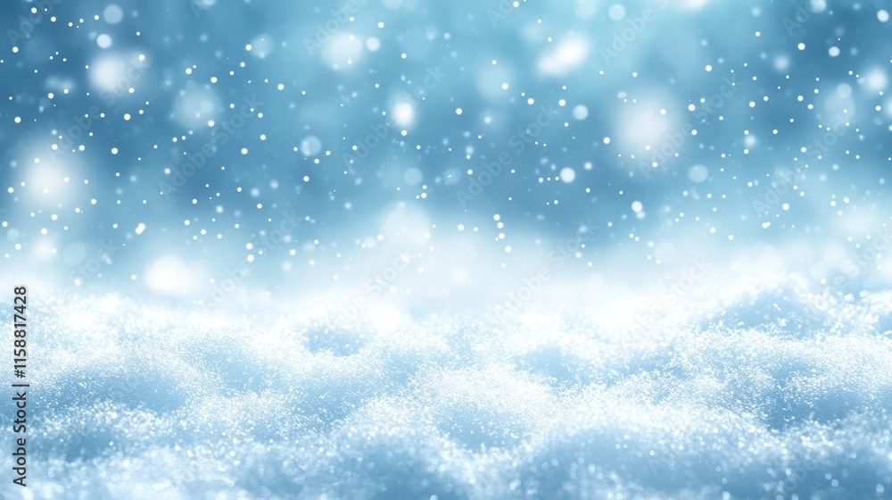Fototapeta premium Abstract winter landscape with blurred light blue background and soft, dreamy atmosphere. The snowfield ahead is out of focus, creating depth and an ethereal, tranquil scene for winter-themed designs.