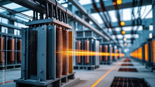 High-Voltage Transformer Station with Copper Coils and Power Lines