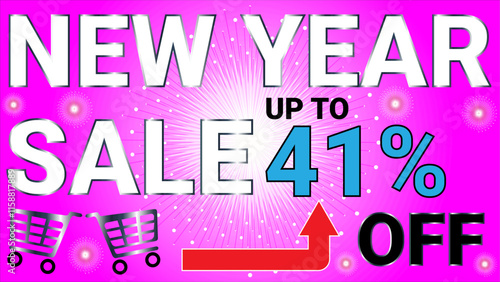 New year sale up to 41 percent off banner with Magenta or Fuchsia and white radial background and sunburst starburst celebration theme photo