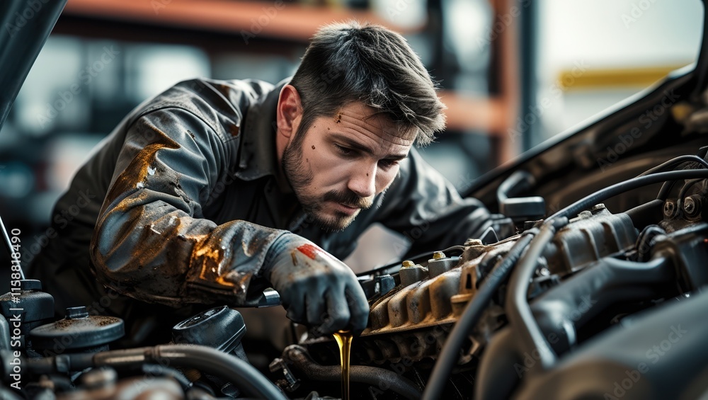 Mechanic Repairing Engine in Workshop