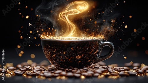 Golden steam swirls from a luxurious cup of coffee surrounded by roasted beans photo