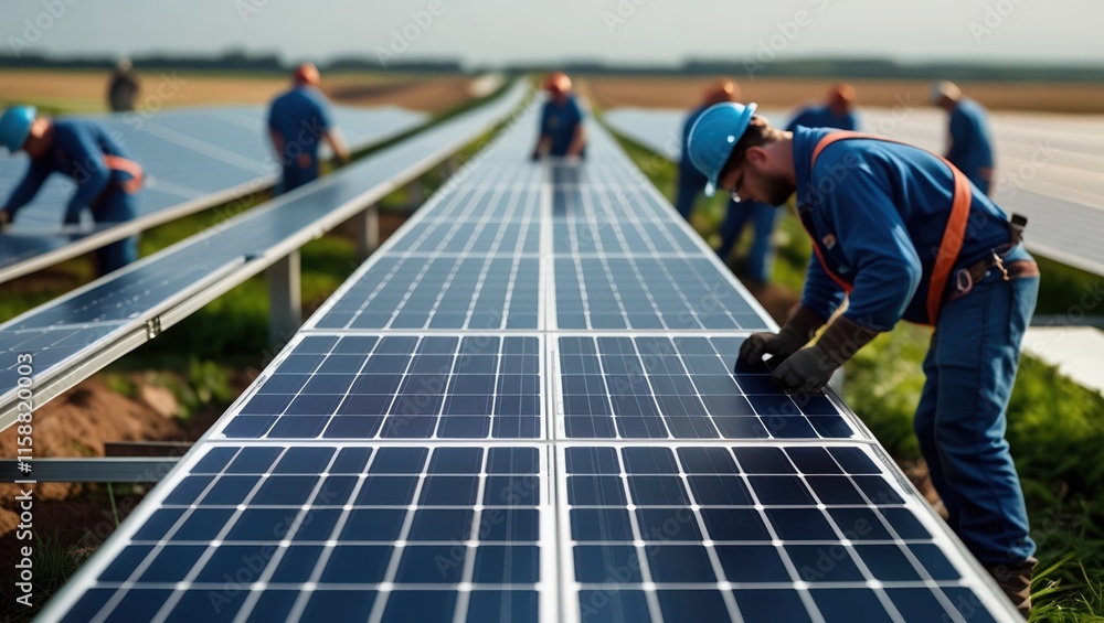Workers installing solar panels in a vast field Workers installing solar panels in a vast field