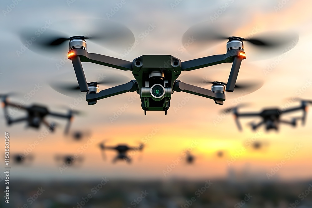 Aerial View of Multiple Drones Flying at Sunset Over Cityscape Aerial View of Multiple Drones Flying at Sunset Over Cityscape