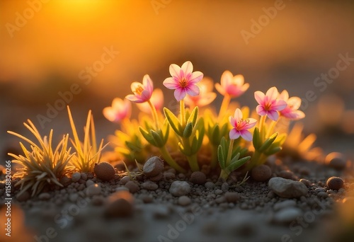 Lewisia rediviva blooming during golden hour at sunset photo