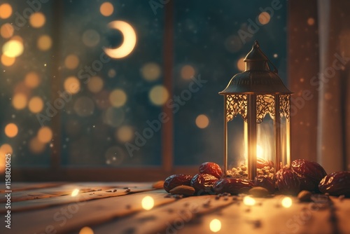 Glowing Golden Lantern with Dried Fruits on Rustic Table for Ramadan Celebration Design photo