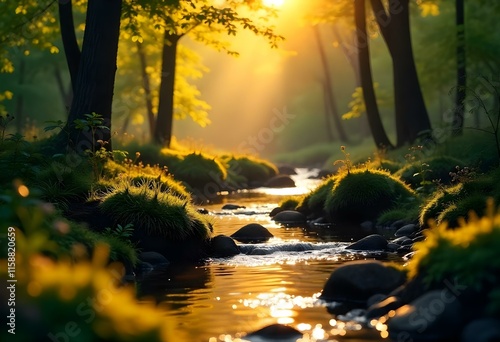 Wallpaper Mural Golden sunrise illuminating idyllic stream flowing through forest Torontodigital.ca