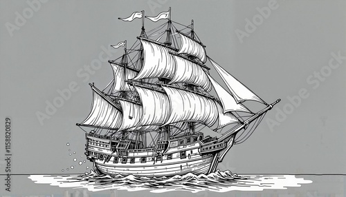 Detailed Historical Age of Sail Vessel Illustration with Full Canvas Against Grey Background