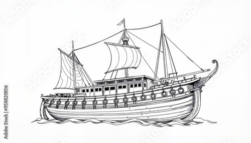 Technical Black and White Blueprint-Style Drawing of Merchant Sailing Vessel