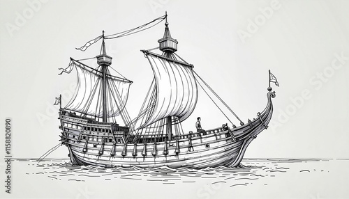 Detailed Medieval Cog Ship Ink Drawing with Lone Figure at Helm
