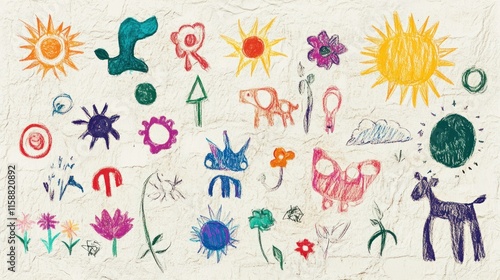 A collection of hand-drawn colorful charcoal doodles featuring animals, flowers, suns, clouds, and abstract shapes, arranged on a textured white paper background, evoking a playful, childish vibe.