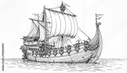 Ornate Medieval Sailing Vessel Pen Drawing with Decorative Details on Calm Waters