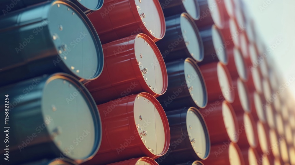 Oil barrels stacked in storage, symbolizing the global reliance on fossil fuels and the need for sustainable energy solutions. Oil barrels stacked in storage, symbolizing the global reliance on fossil fuels and the need for sustainable energy solutions.
