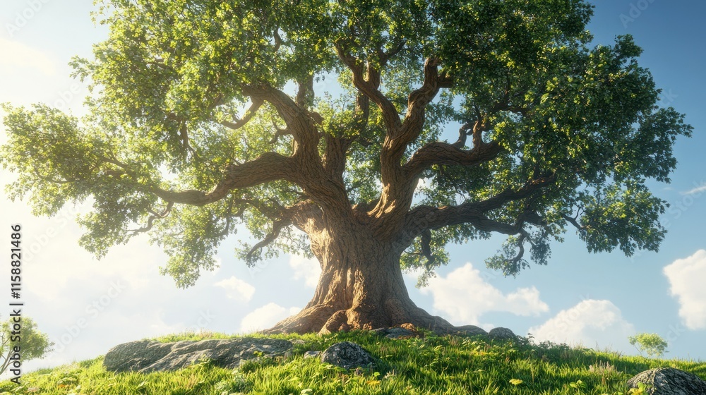 A massive oak tree with sprawling branches and vibrant green leaves, standing alone on a grassy hill under a bright blue sky, with detailed bark textures and sunlit foliage. A massive oak tree with sprawling branches and vibrant green leaves, standing alone on a grassy hill under a bright blue sky, with detailed bark textures and sunlit foliage.
