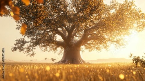 A majestic baobab tree with a thick, wide trunk and sparse branches, isolated in a sunlit savanna, surrounded by golden grass and a clear sky