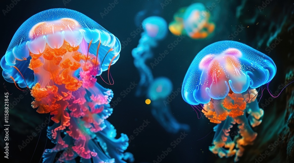 Fototapeta premium Vibrant Neon Jellyfish in a Dark Underwater .