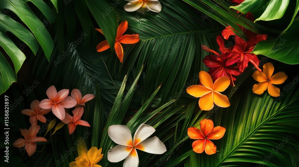 Obraz premium A dynamic display of exotic tropical flowers against a backdrop of palm leaves, angled shot, Tropical style