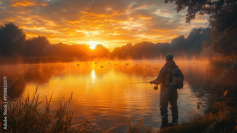 Lone fisherman casting a line into a calm lake at sunrise surrounded by mist Lone fisherman casting a line into a calm lake at sunrise surrounded by mist