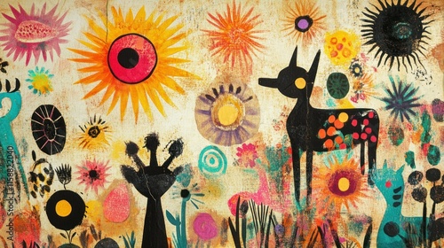 A vibrant collection of doodles featuring playful animals, cheerful suns, and colorful flowers, drawn with textured charcoal strokes on a slightly aged paper canvas.