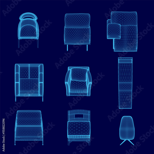 Set of blue chairs with different shapes and sizes. The chairs are arranged in a grid pattern, with some overlapping each other. The chairs vary in design, with some having armrests