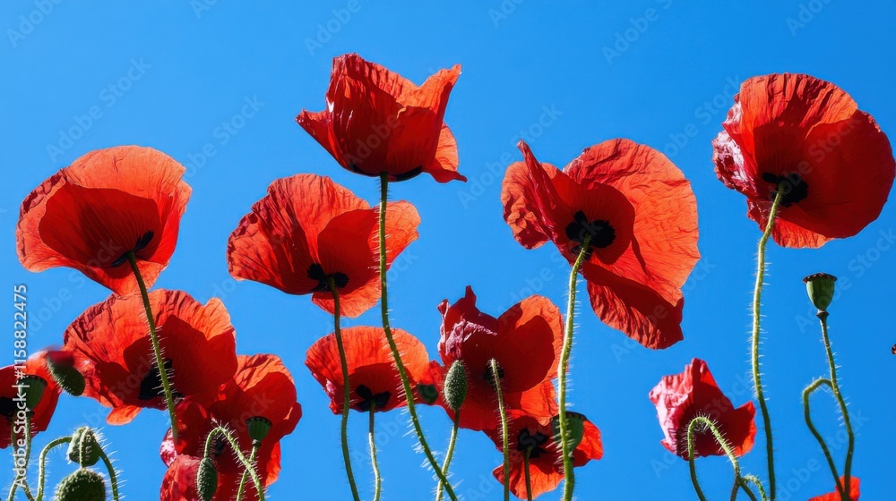 Obraz premium A dynamic display of red poppies against a clear blue sky, angled shot, Dramatic style