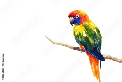 Bright parrot perched on branch with vibrant plumage showcasing colorful feathers in a natural setting for creative mockup. Generative AI photo