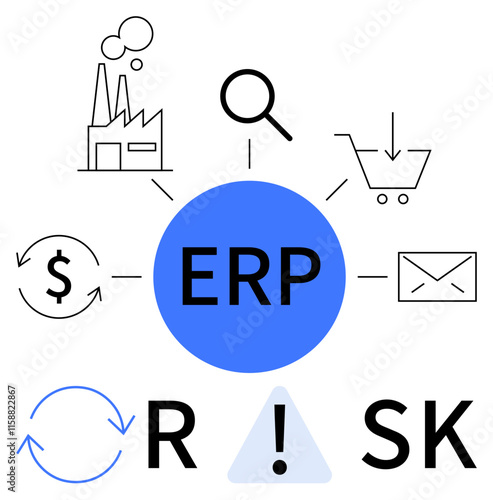 Central ERP system interconnected with icons for industry, research, shopping, finance, communication, and risk. Ideal for business processes, data management, project planning finance supply