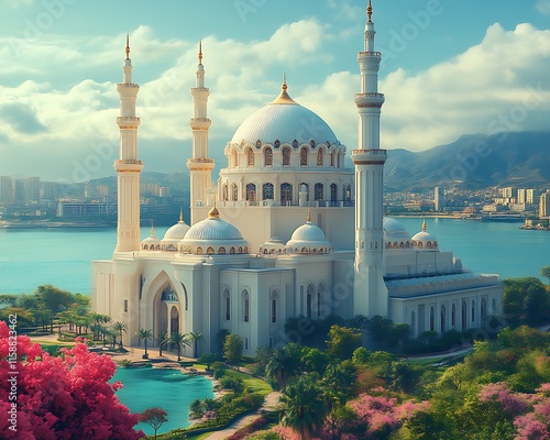 Majestic white mosque by the sea.