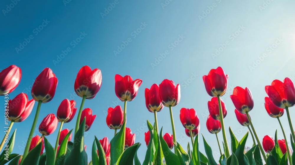 Obraz premium A dynamic display of red tulips against a vibrant blue sky, angled shot, Dramatic style