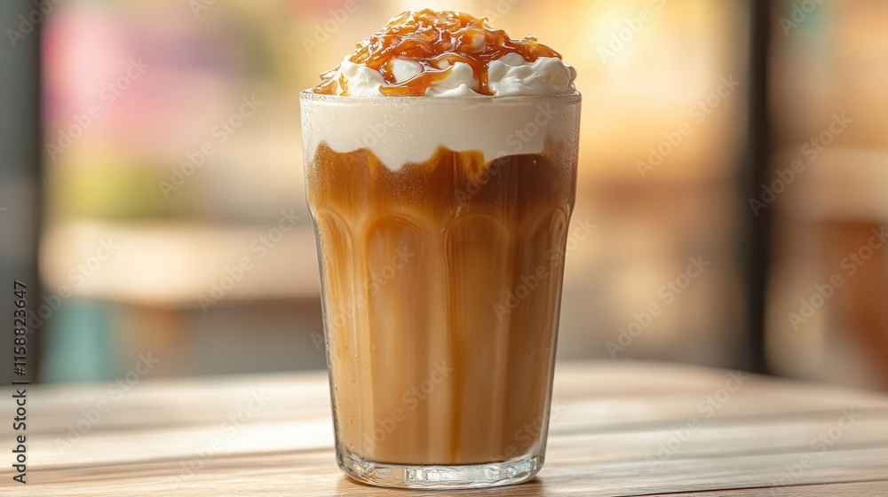 Refreshing iced coffee topped with cream and caramel on a sunny patio Refreshing iced coffee topped with cream and caramel on a sunny patio