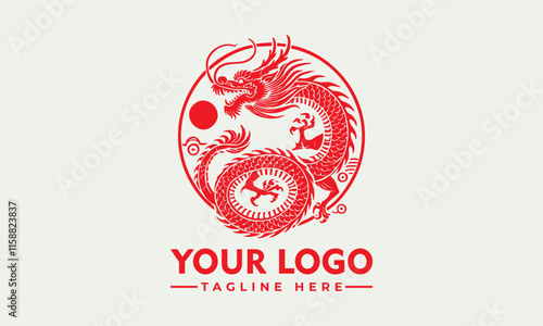 Red dragon vector logo design inside oval amidst stylized clouds waves. Perfect for fantasy book cover or Asianinspired branding materials.