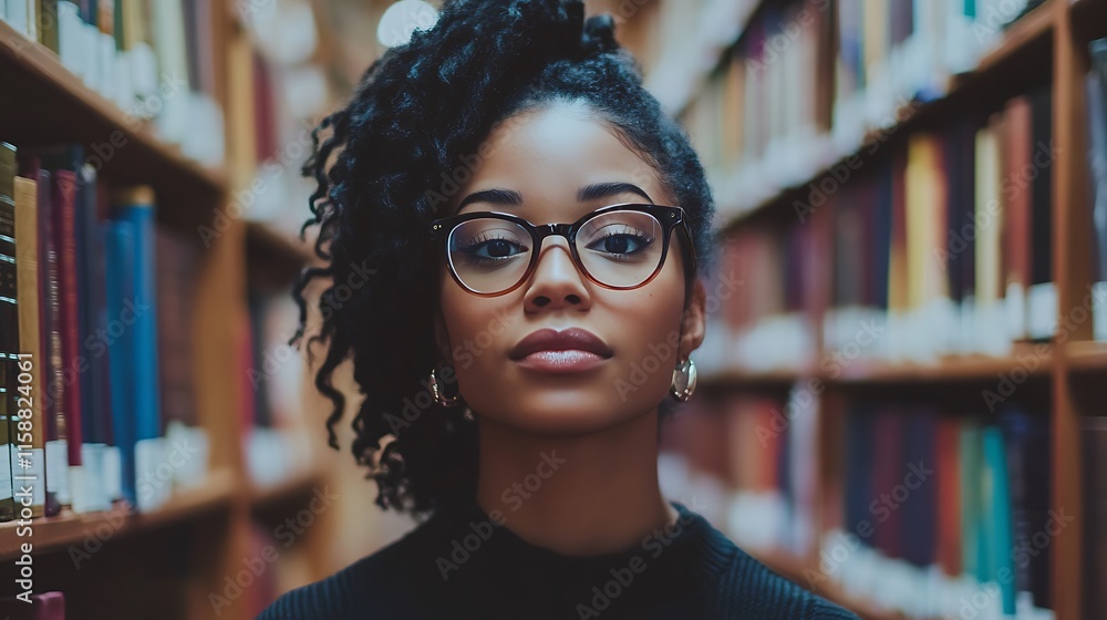 Young woman with glasses stands in library aisle. Young woman with glasses stands in library aisle.