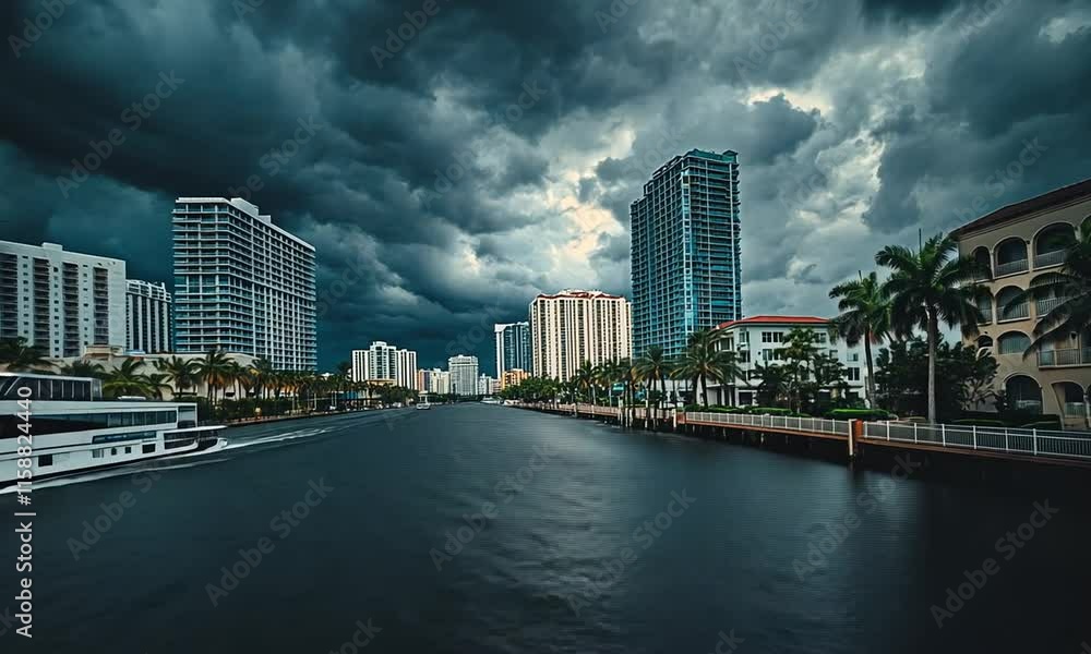 Dramatic Storm Clouds over a Coastal City Canal with Boats Dramatic Storm Clouds over a Coastal City Canal with Boats