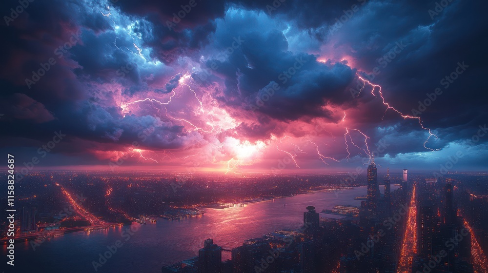 Fototapeta premium Dramatic lightning storm over city skyline at sunset.