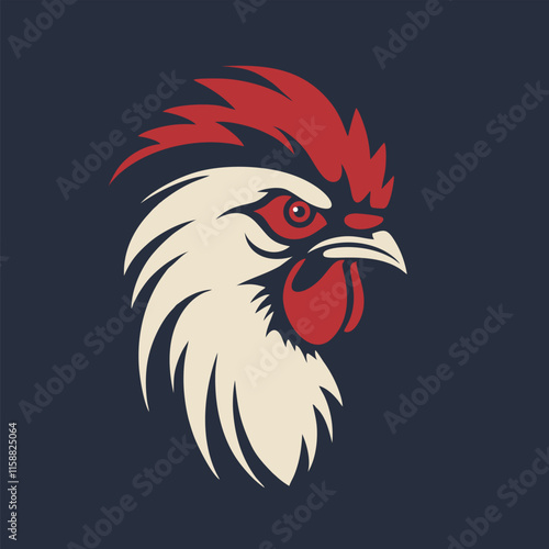 Simple logo of a cockerel with a red comb. Rooster head on blue background, icon. Vector illustration